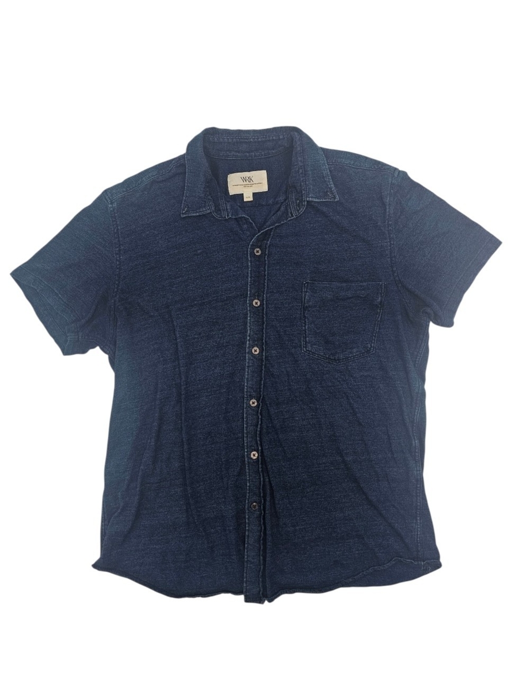WRK Work Rest Karma Indigo Pullover Shirt L 100% Cotton Short Sleeve Minimalist